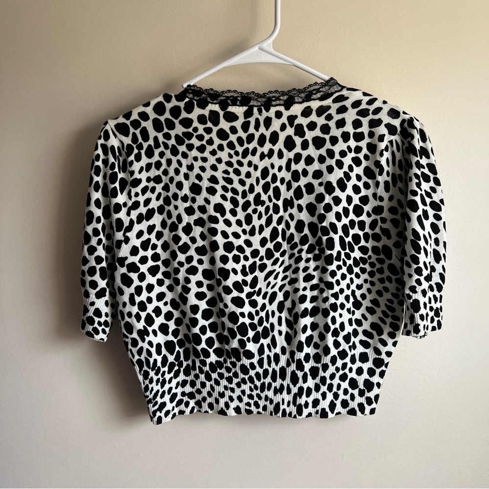 White House Black Market Animal Print Lace Trim Short Sleeve Cardigan Sweater - Picture 3 of 4